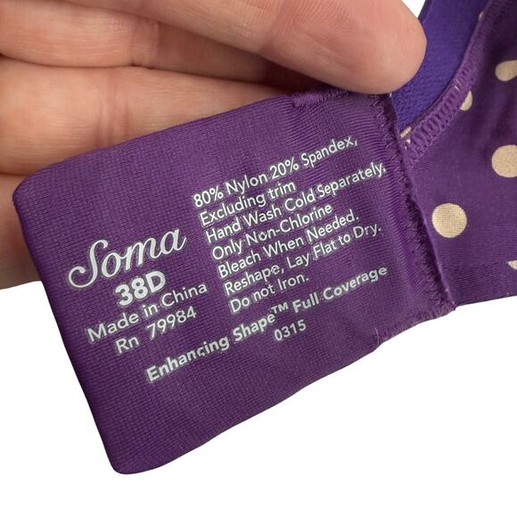 Soma Enhancing Shape Full Coverage Bra Satin Purple with Cream Polka Dot 38D - Picture 3 of 6